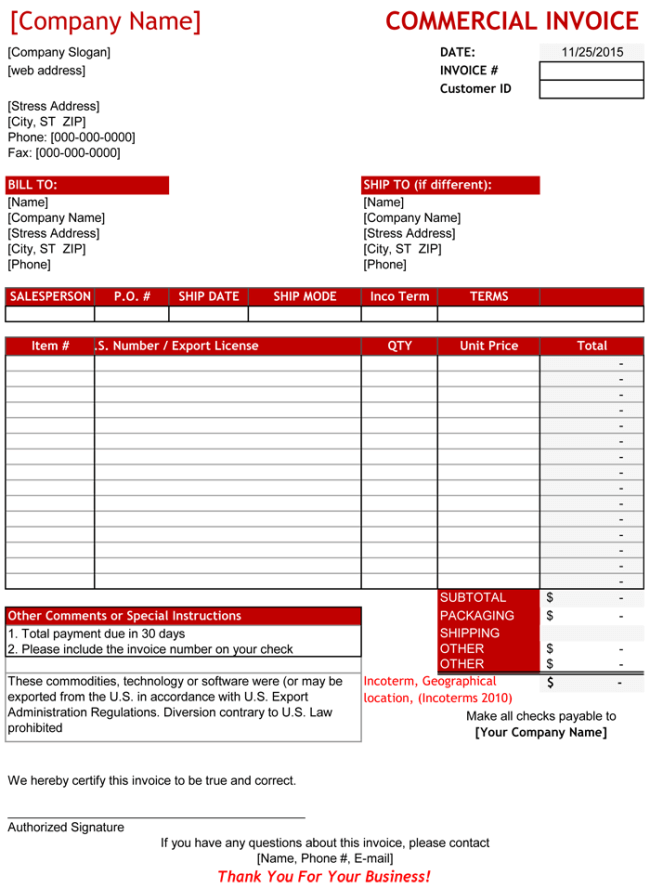 commercial invoices